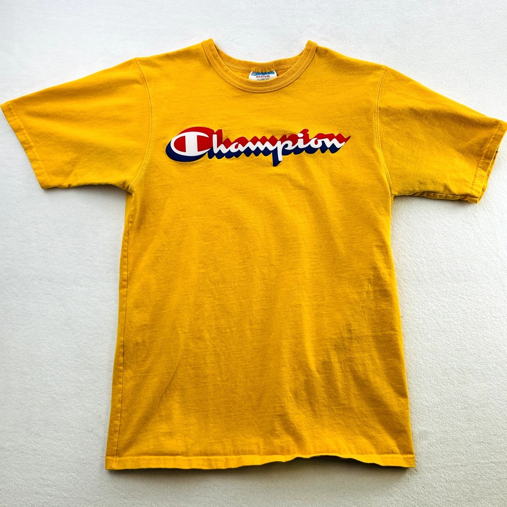 VINTAGE Champion Shirt Adult Medium Yellow Spell Out Casual Outdoor 90s Y2K Mens